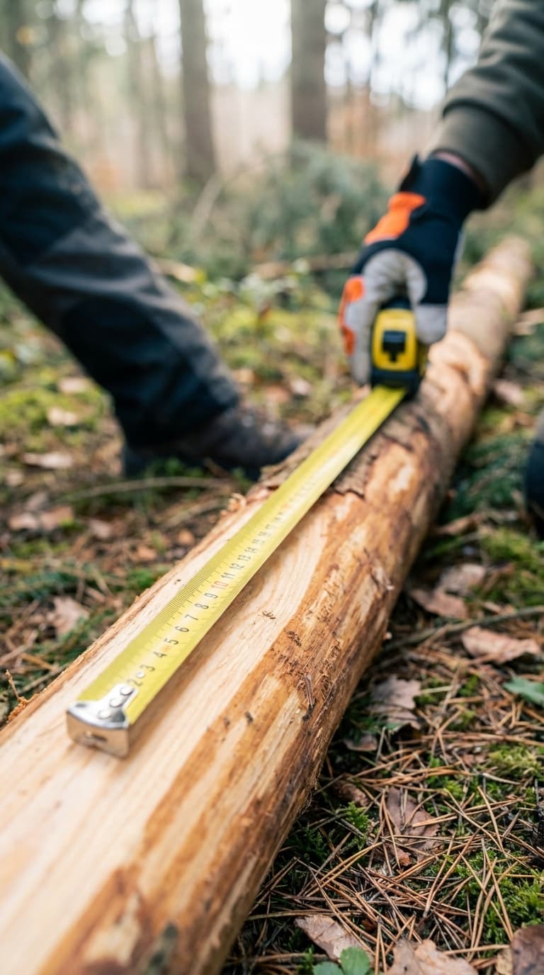 Eine Person im Arbeitshandschuh misst einen Baumstamm im Wald mit einem gelben Maßband aus.