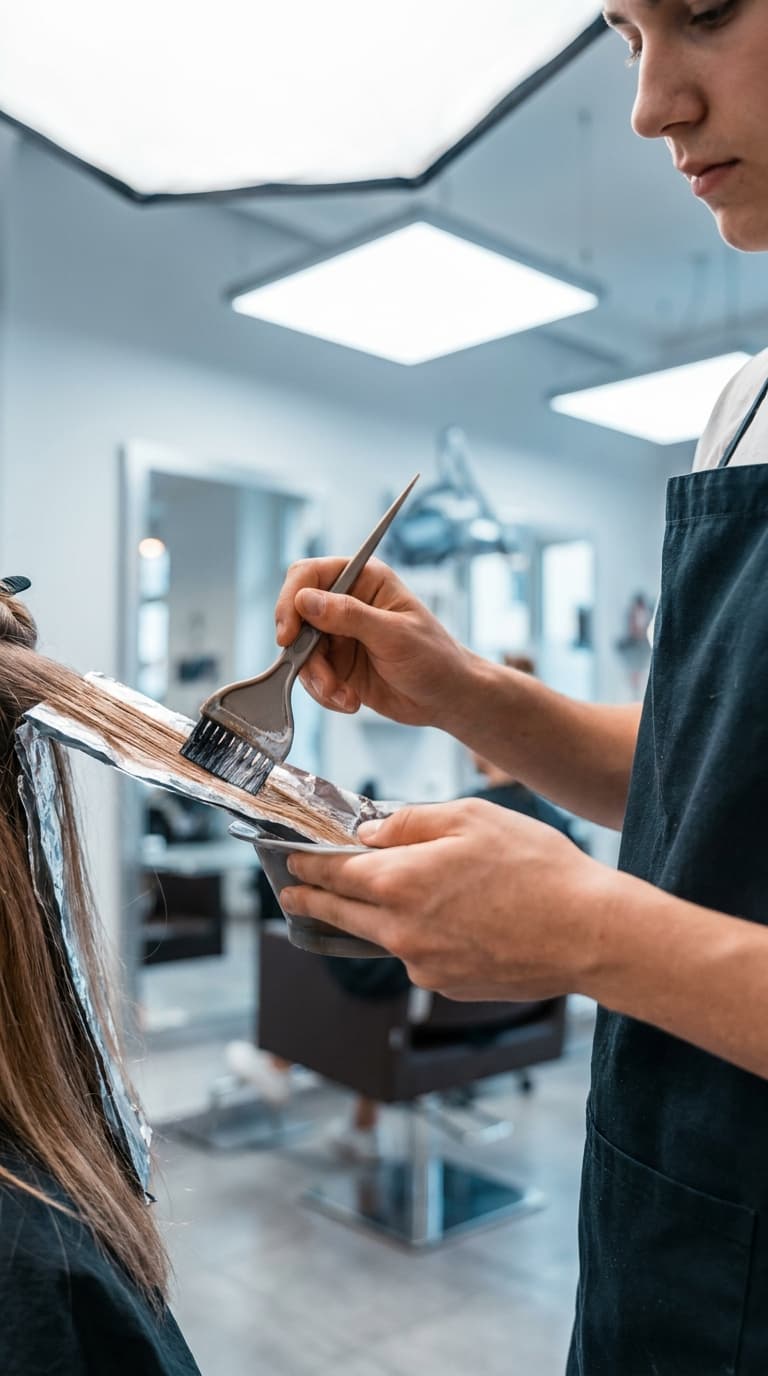 Ein Friseur trägt mit einem Färbepinsel Haarfarbe auf eine Haarsträhne auf Alufolie auf.