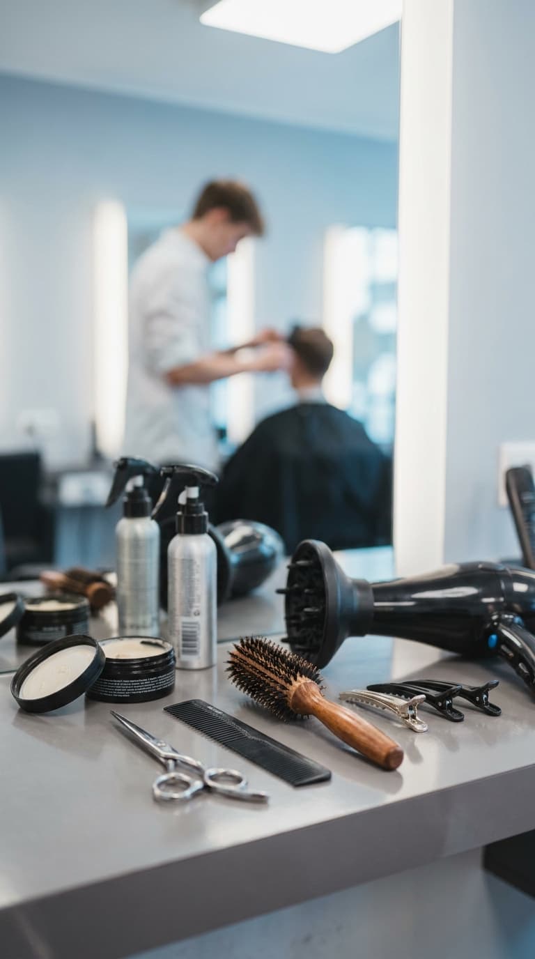 Friseurwerkzeuge auf einem Tisch; im Hintergrund frisiert ein Friseur einen Kunden im Salon.