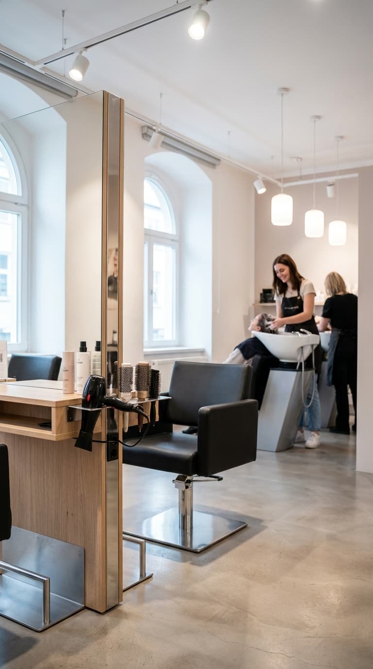 Moderner Friseursalon mit Friseurstuhl im Vordergrund und einer Friseurin, die einer Kundin die Haare wäscht.