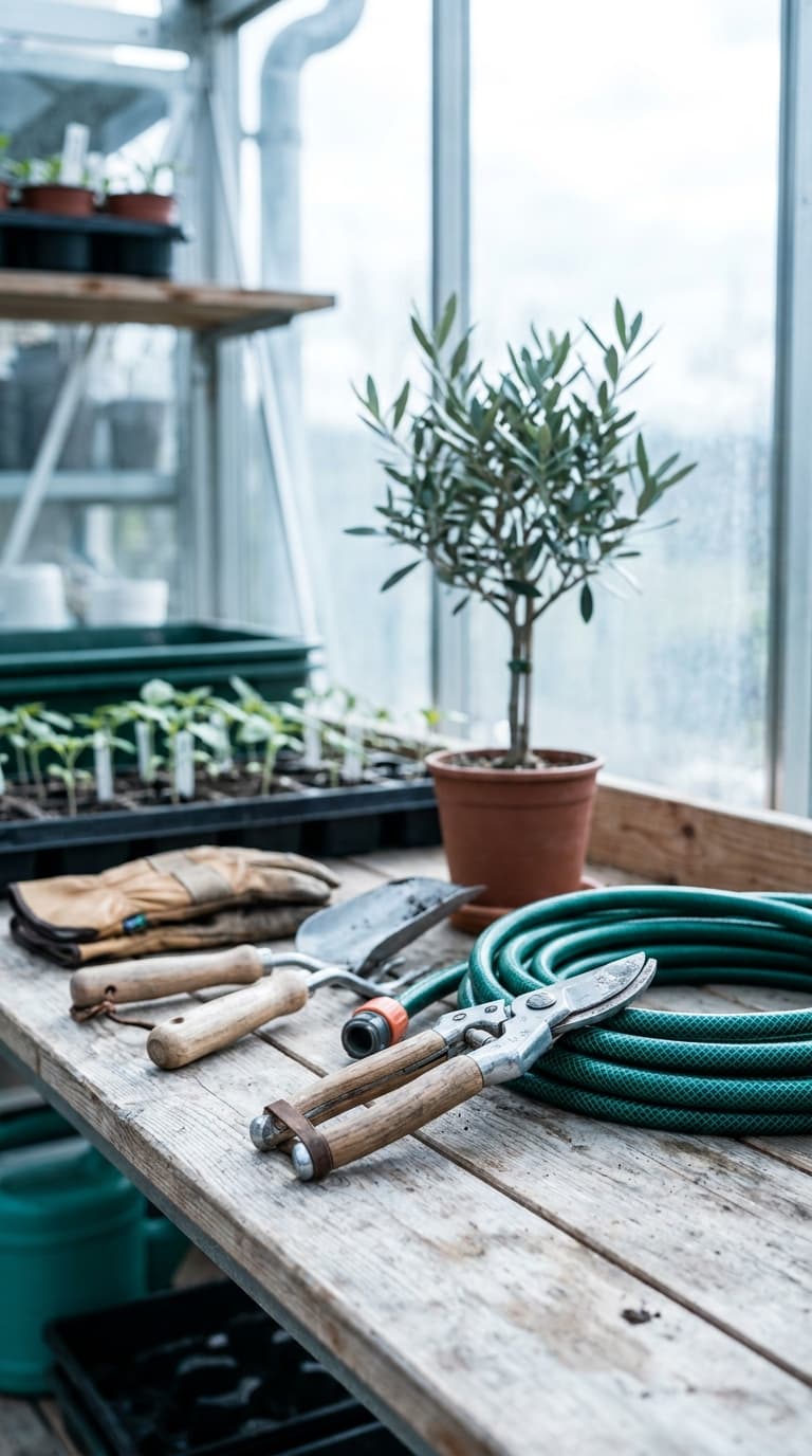 Gartenschere, Gartenschlauch und Handschaufel auf einem Holztisch im Gewächshaus neben einem kleinen Olivenbaum.