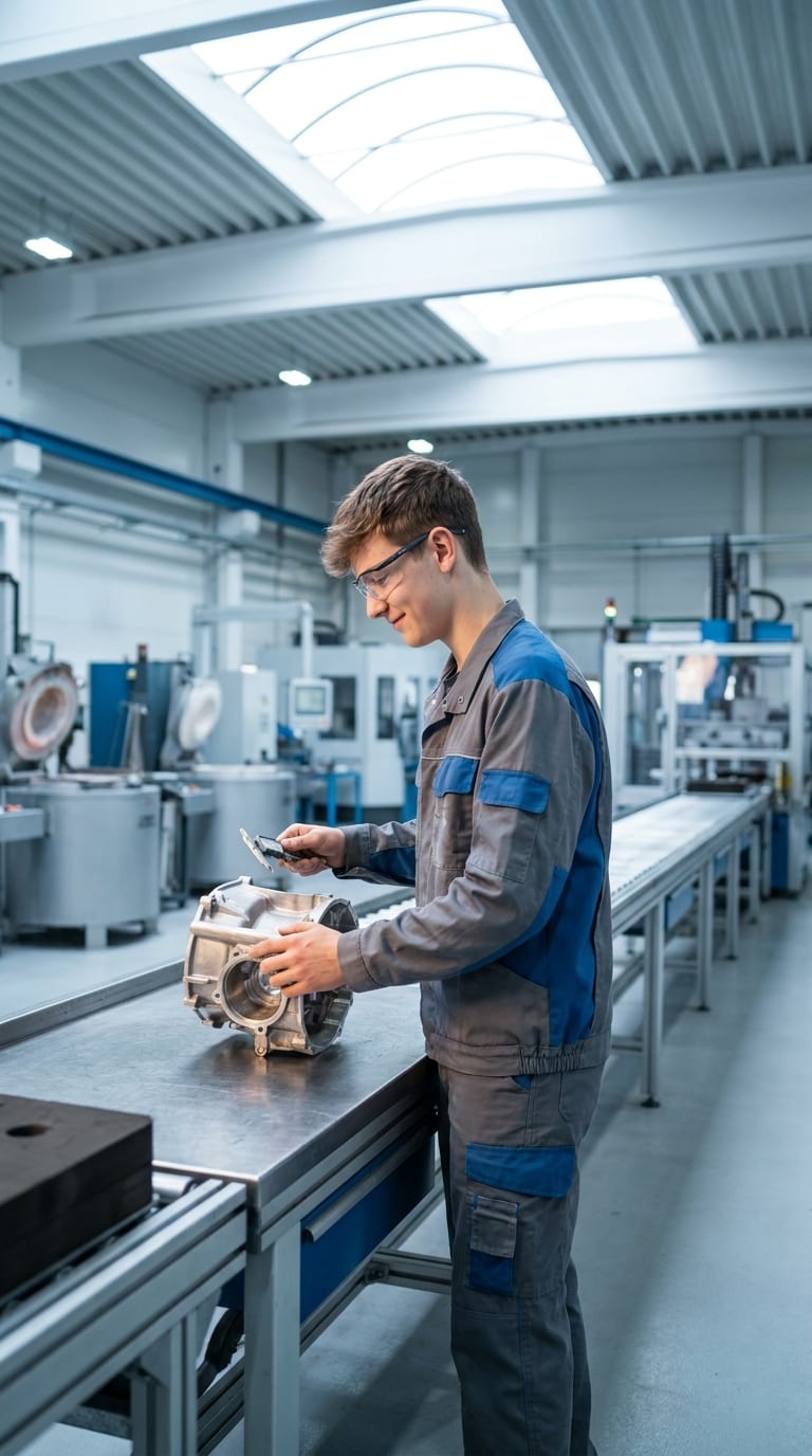 Ein Lehrling vermisst ein Metallbauteil mit einem Messschieber in einer Werkshalle.
