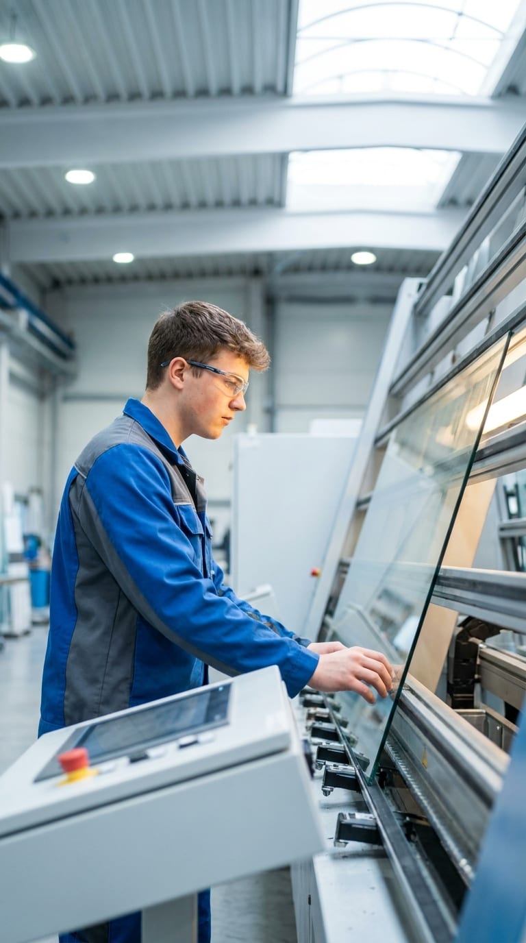Ein Lehrling in Arbeitskleidung führt eine Glasscheibe an einer Glasbearbeitungsmaschine.