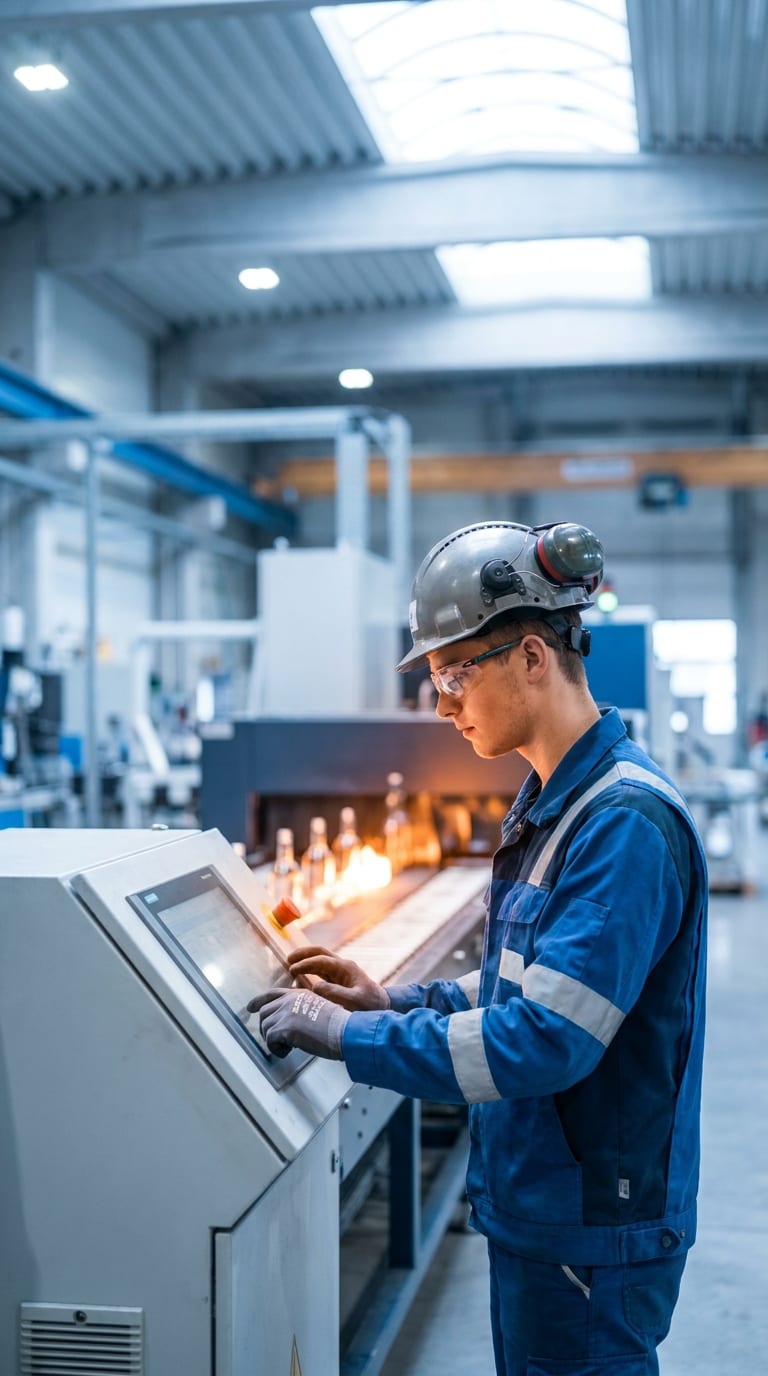Ein Arbeiter in Schutzkleidung bedient den Touchscreen einer Maschine zur Flaschenherstellung.
