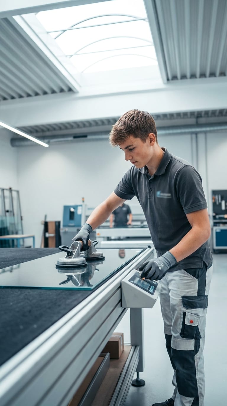 Ein Lehrling bedient ein Steuerpult und hält eine Glasscheibe mit Saughebern auf einem Werktisch in einer Werkstatt.