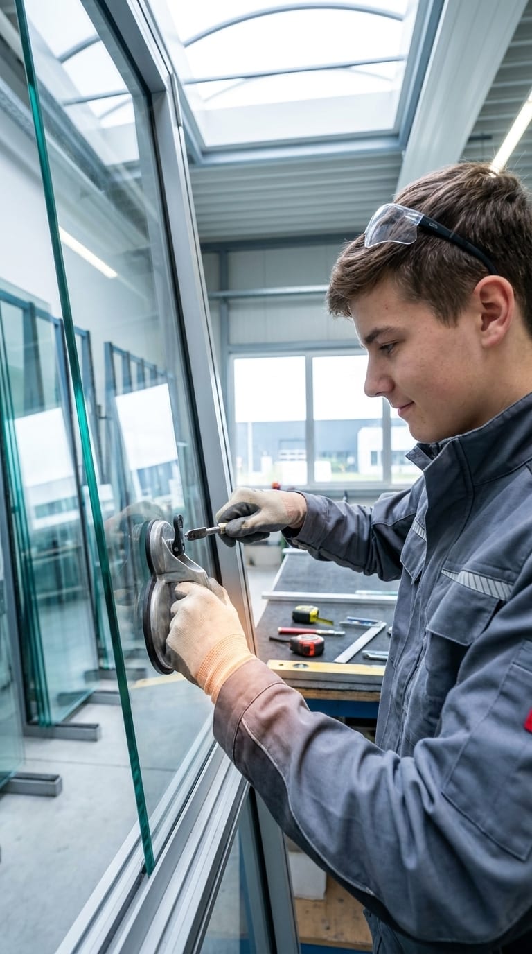 Ein junger Glaser montiert eine Glasscheibe mit einem Saugheber im Fensterrahmen.