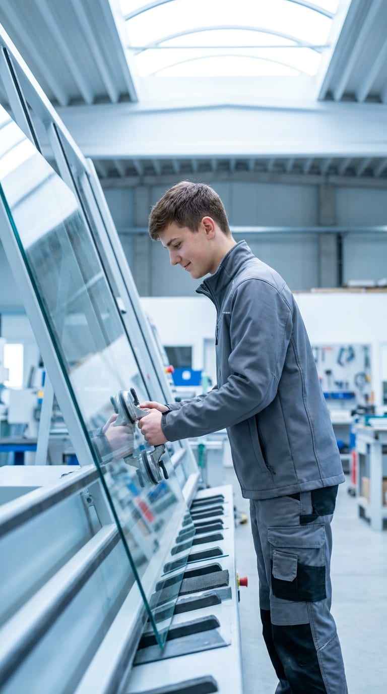 Ein Lehrling bewegt eine große Glasscheibe mit einem Saugheber an einer Verarbeitungsmaschine in einer Werkstatt.