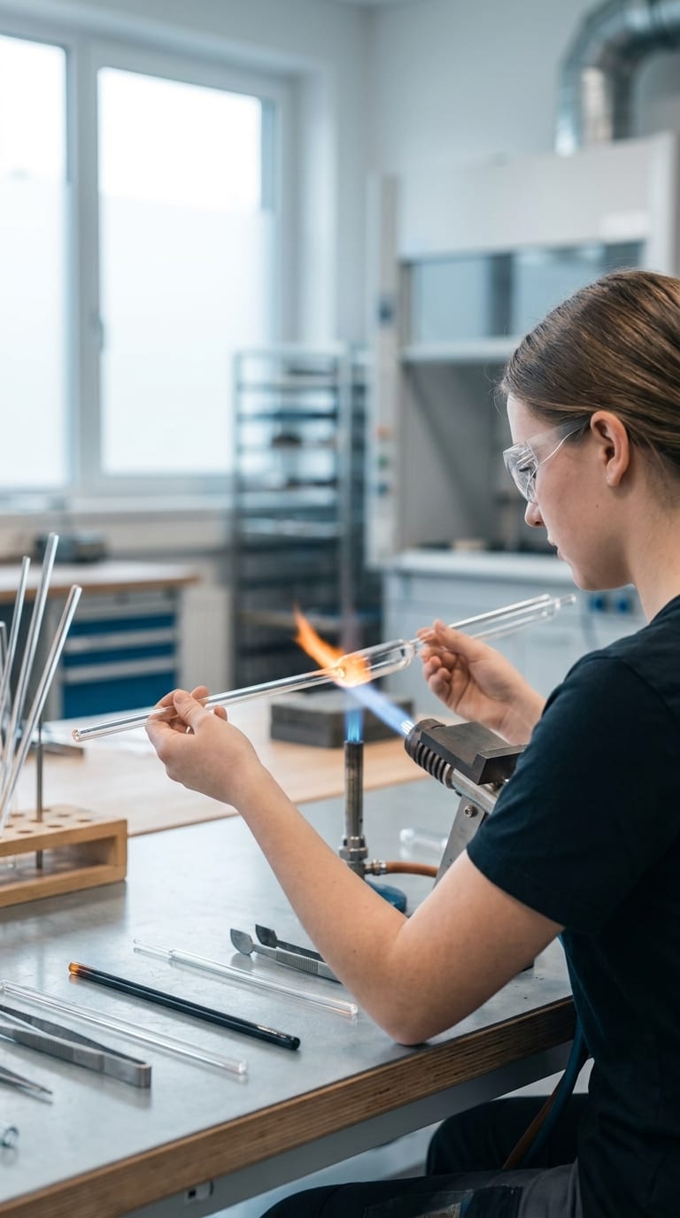 Eine Glasapparatebauerin erhitzt ein Glasrohr über der Flamme eines Gasbrenners in einer Werkstatt.