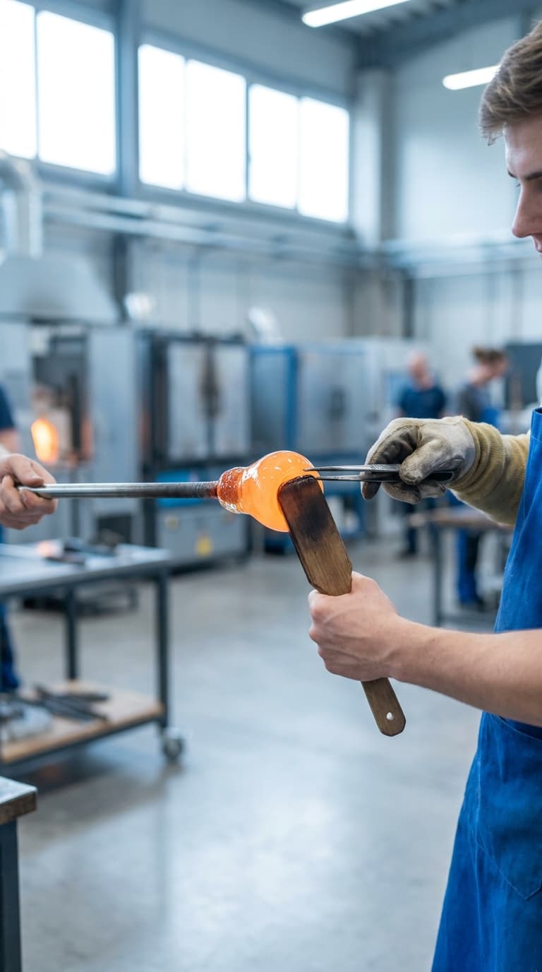 Ein Glasbläser formt mit einem Holzwerkzeug und einer Zange glühendes Glas in einer Werkstatt.
