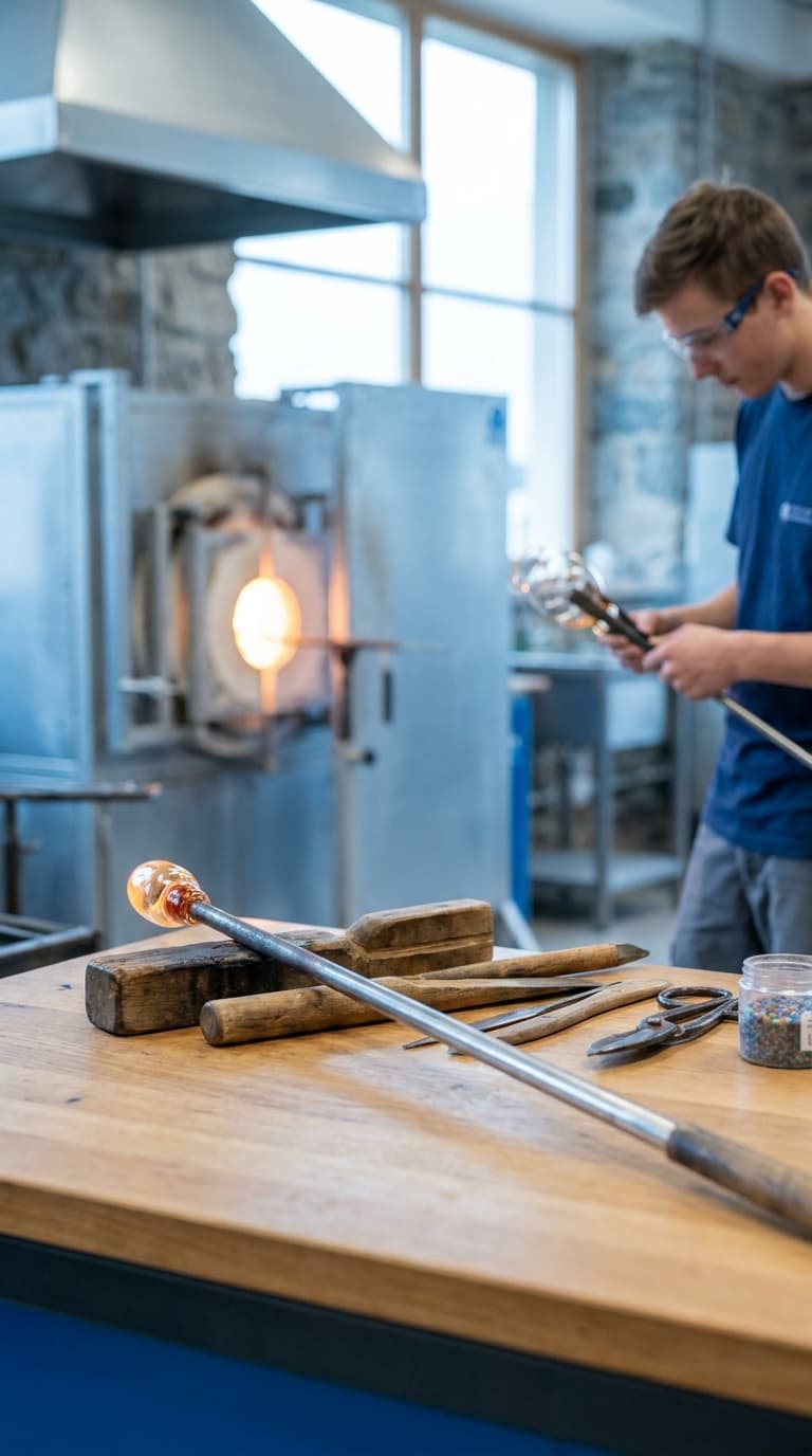 Ein junger Glasbläser arbeitet in einer Werkstatt vor einem Schmelzofen, im Vordergrund liegt eine Glasmacherpfeife.