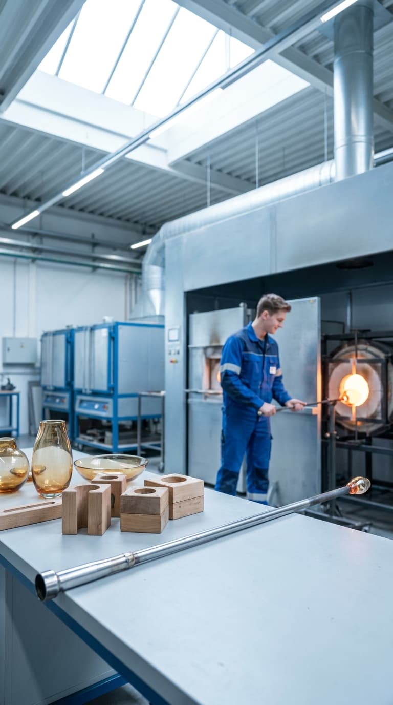 Ein Glasmacher erhitzt Glas am Ofen in einer Werkstatt, im Vordergrund liegen Glasmacherpfeife, Holzformen und Vasen.