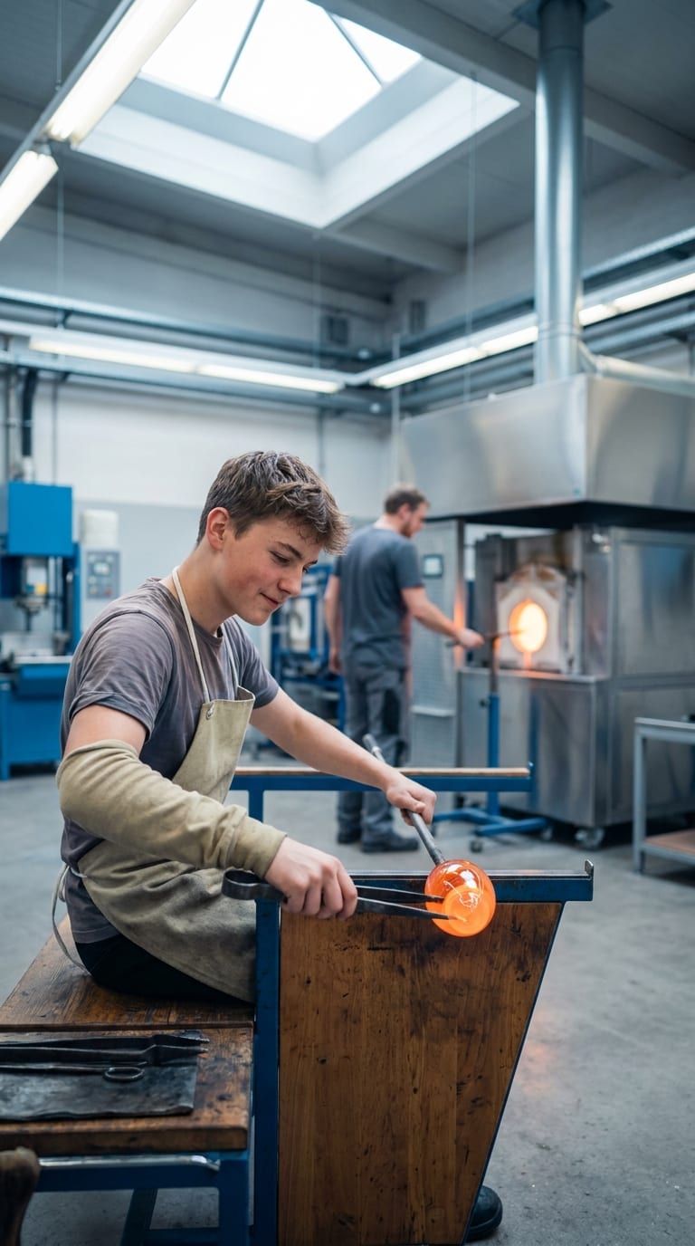 Ein junger Glasbläser formt in einer Werkstatt glühendes Glas mit einer großen Zange.