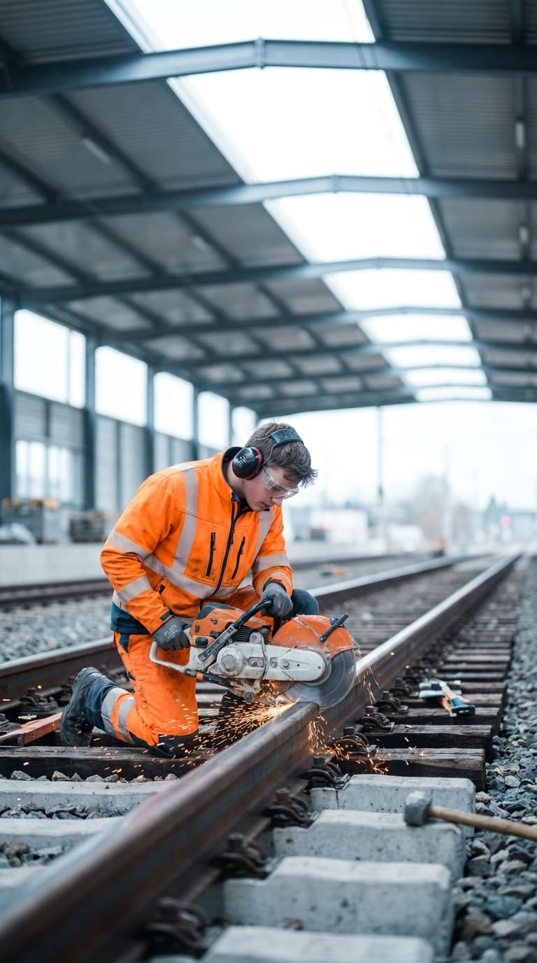 Ein Gleisbauer in orangefarbener Schutzkleidung schneidet eine Schiene mit einem Trennschleifer, wobei Funken fliegen.