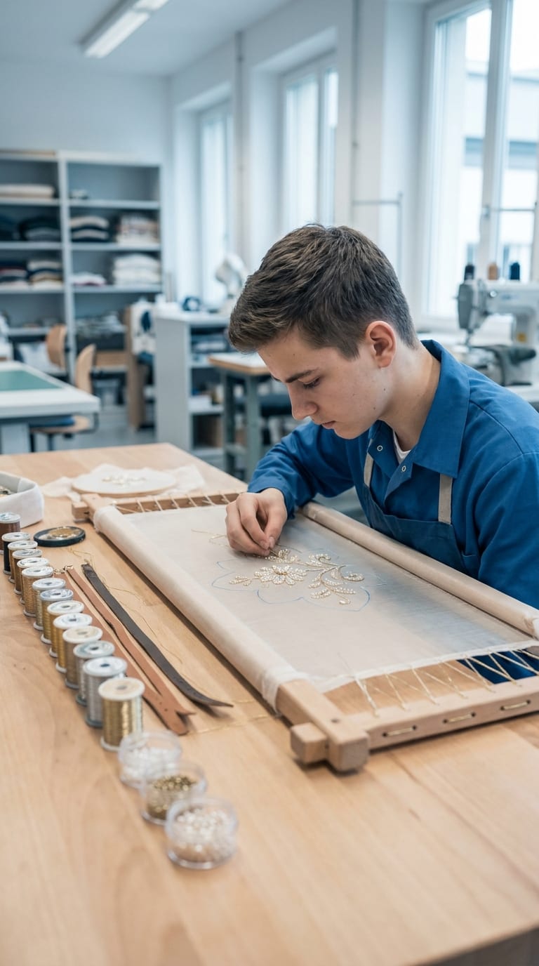 Ein Lehrling stickt in einer hellen Werkstatt konzentriert Perlenmuster auf einen eingespannten Stoff.