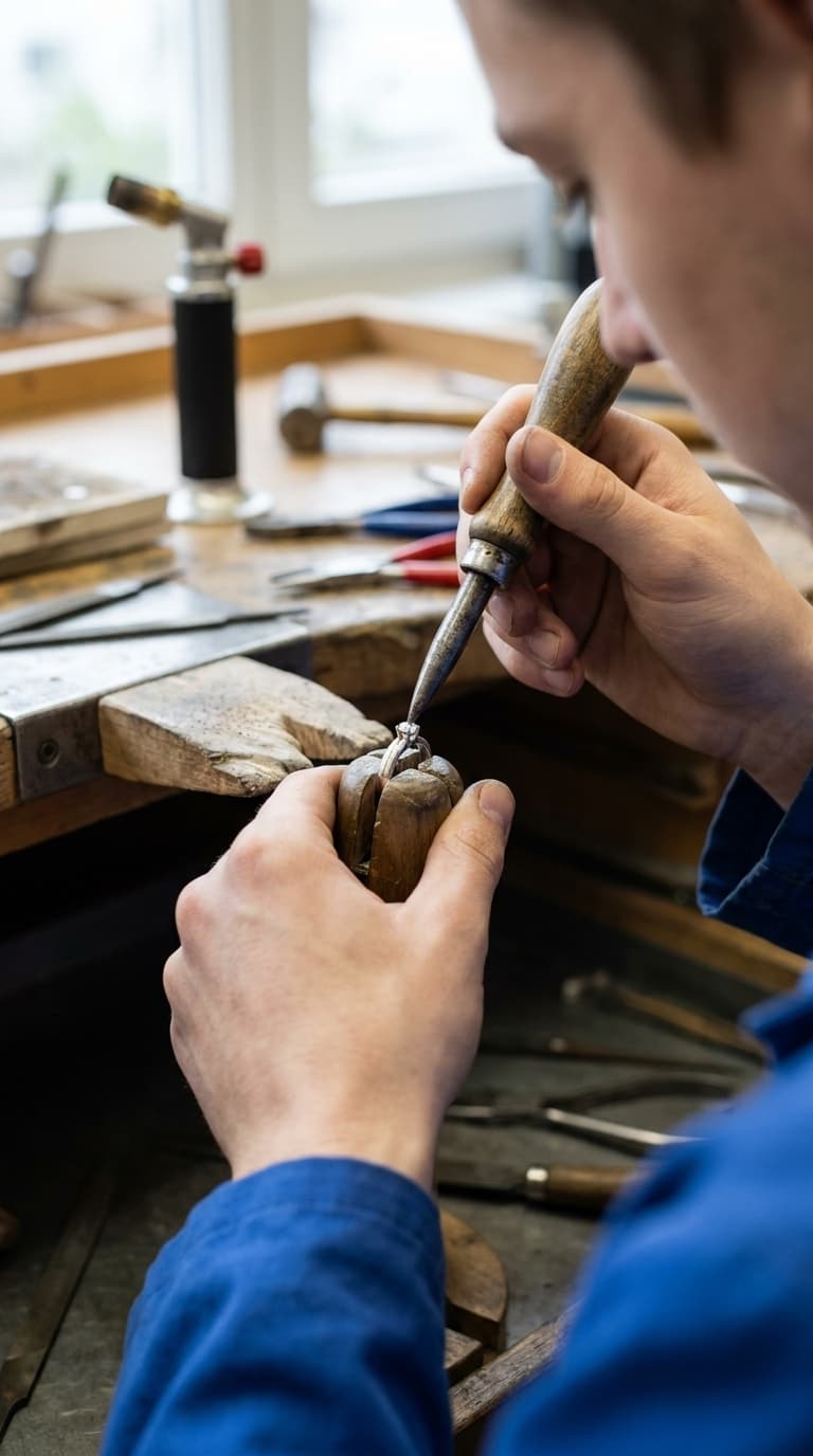 Ein Goldschmied bearbeitet an einer Werkbank einen Ring in einer Holzklammer mit einem Handwerkzeug.