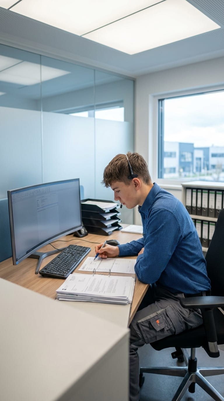Ein Lehrling im Büro schreibt mit Headset am Schreibtisch auf ein Dokument vor einem Monitor.