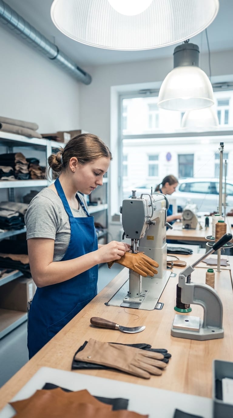 Eine Handschuhmacherin näht in einer Werkstatt einen Lederhandschuh an einer Nähmaschine.