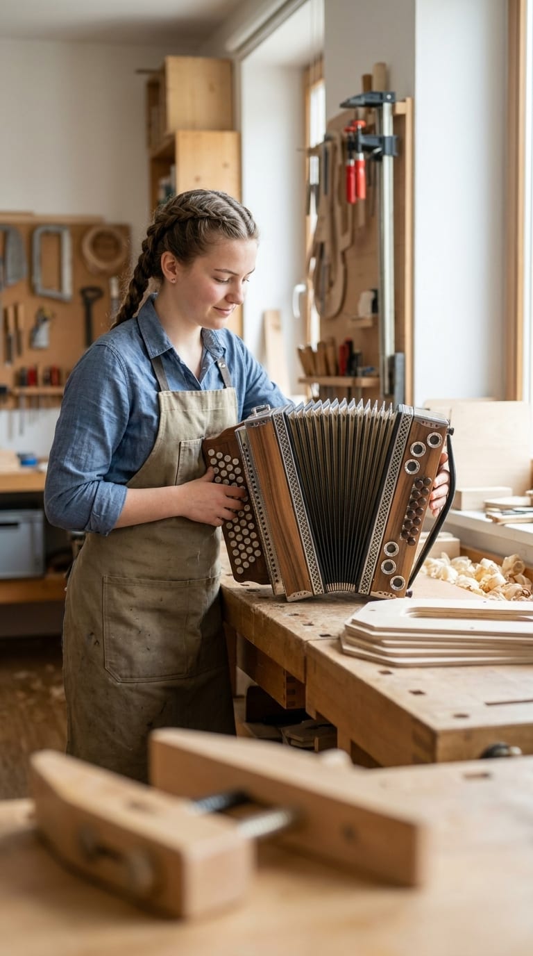 Eine Instrumentenbauerin arbeitet an ihrer Werkbank in einer Holzwerkstatt an einer Ziehharmonika.
