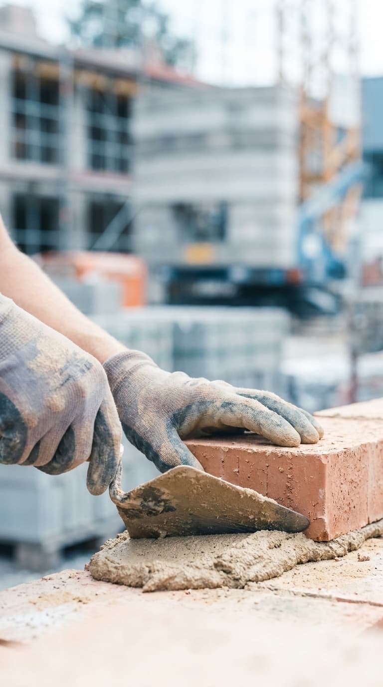 Maurer*in setzt mit Maurerkelle und Mörtel einen Ziegel auf eine Mauer vor einer Baustelle.