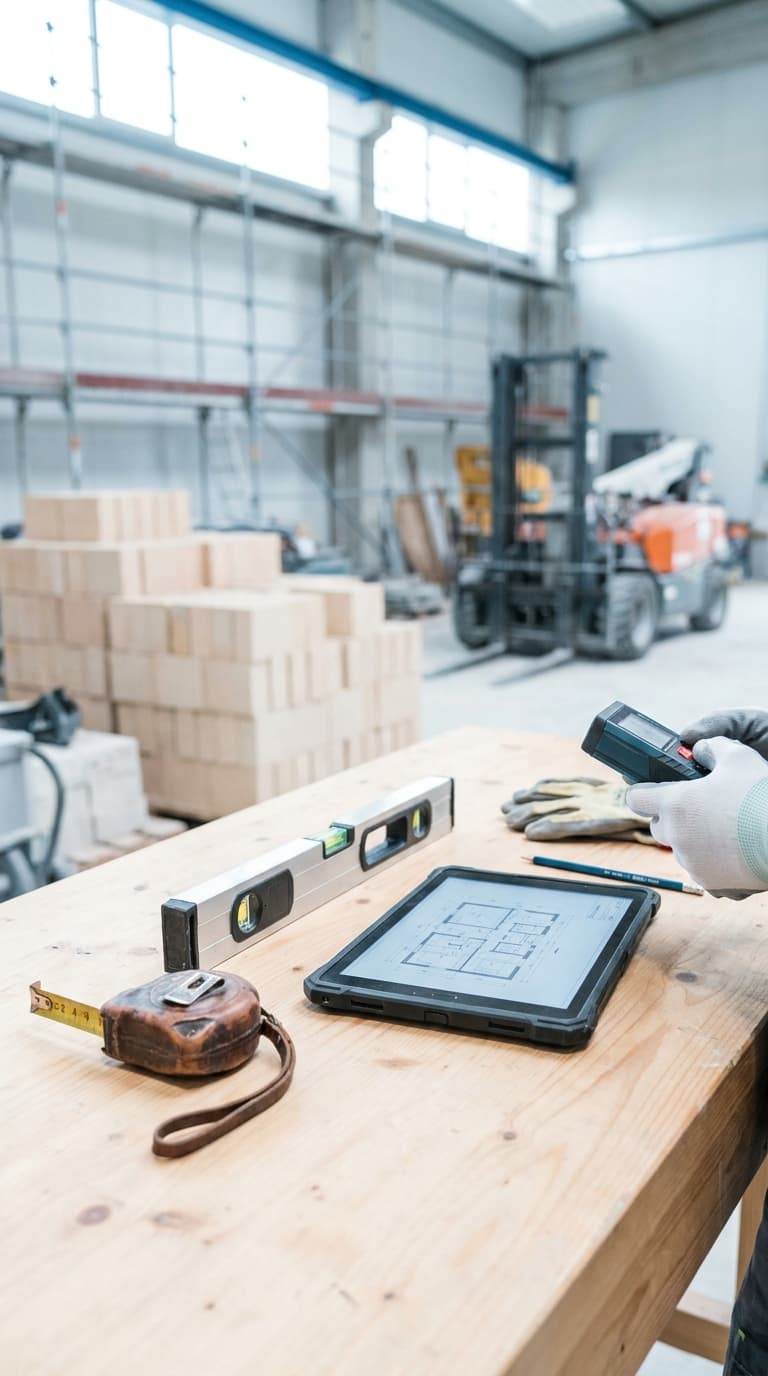 Handwerker hält Entfernungsmesser über Tisch mit Wasserwaage, Tablet mit Bauplan und Maßband in einer Werkshalle.