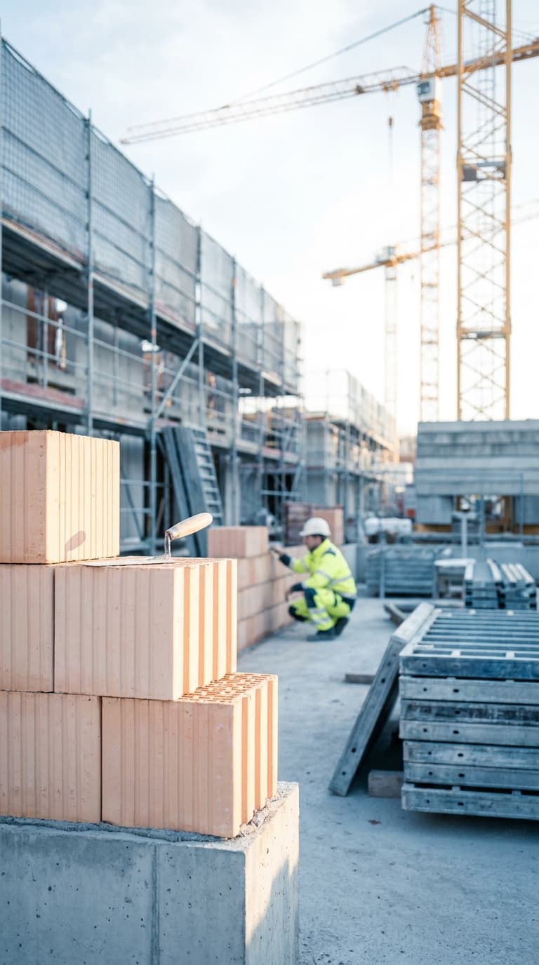 Ein Maurer arbeitet an einer Ziegelwand auf einer Baustelle mit Gerüsten und Baukränen.