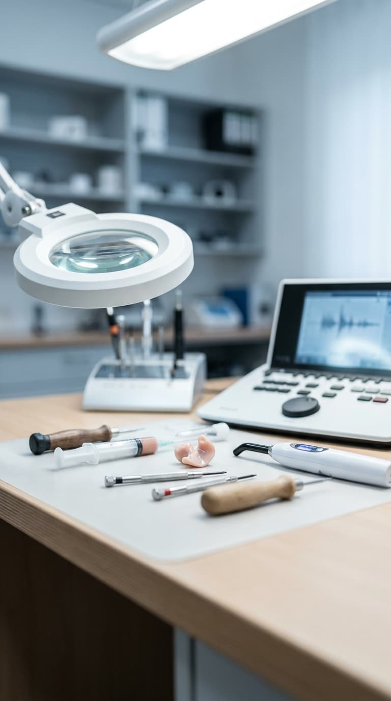 Arbeitsplatz in der Hörakustik mit einer Otoplastik, feinen Werkzeugen, einer Lupenleuchte und einem Audiometer.