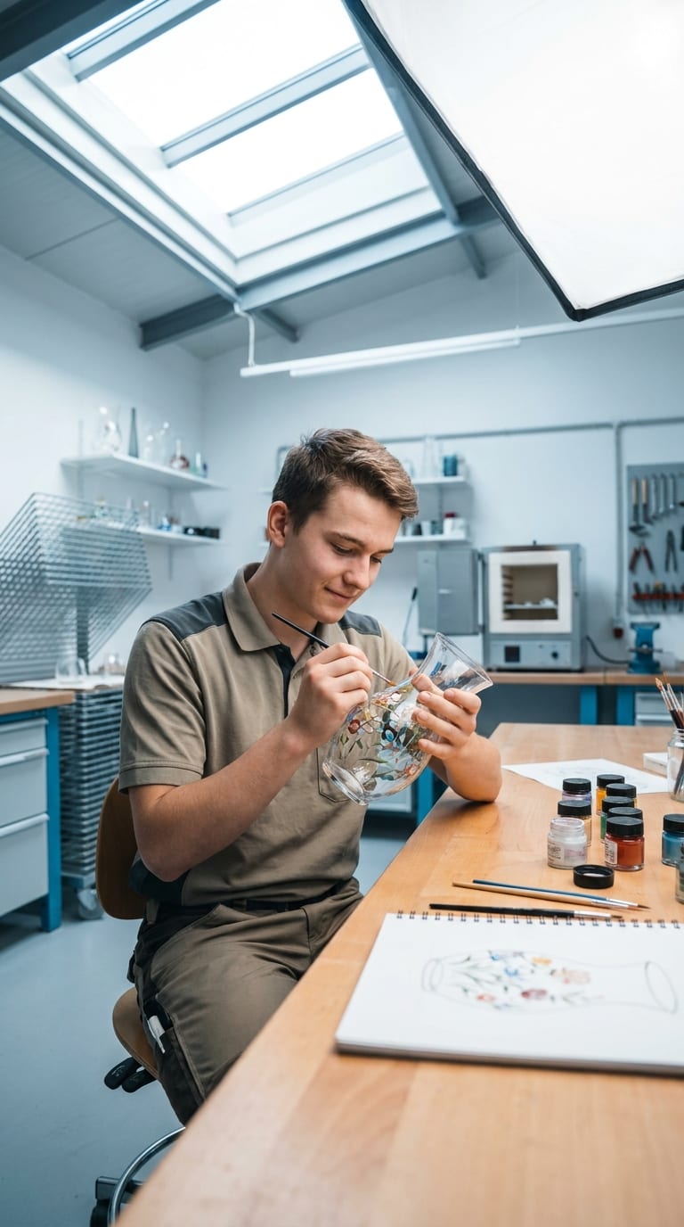 Ein junger Glasmaler bemalt in einer hellen Werkstatt konzentriert eine gläserne Vase mit einem Pinsel.