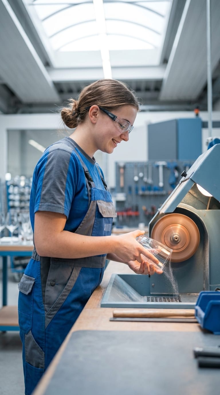 Eine Handwerkerin schleift lächelnd ein Trinkglas an einer rotierenden Schleifmaschine in der Werkstatt.