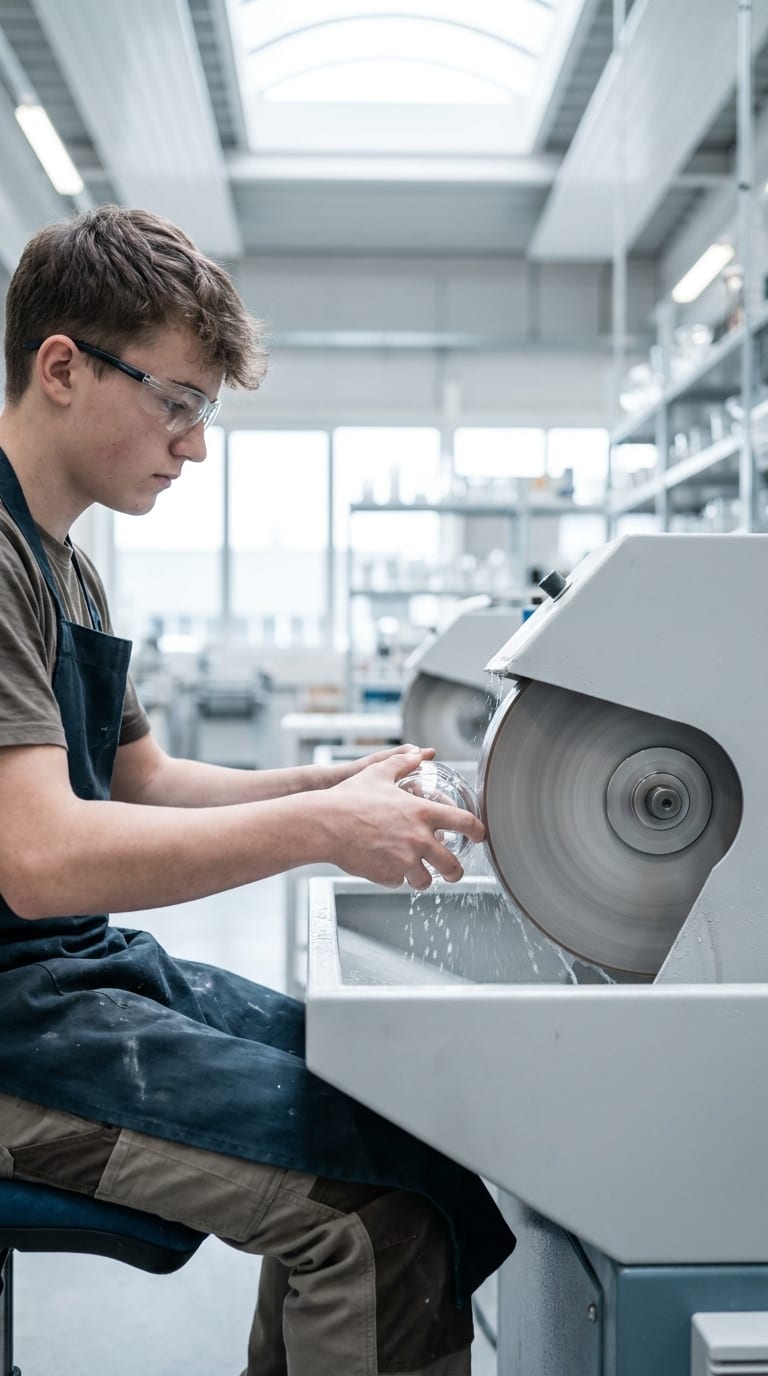 Ein Lehrling mit Schutzbrille schleift ein Glasgefäß an einer nassen, rotierenden Schleifscheibe.
