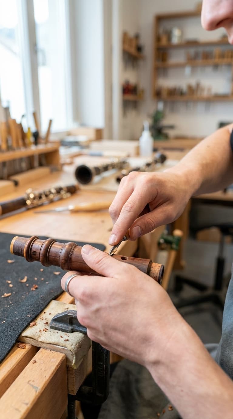 Ein Holzblasinstrumentenmacher schnitzt mit einem Schnitzmesser an einem hölzernen Blasinstrument.