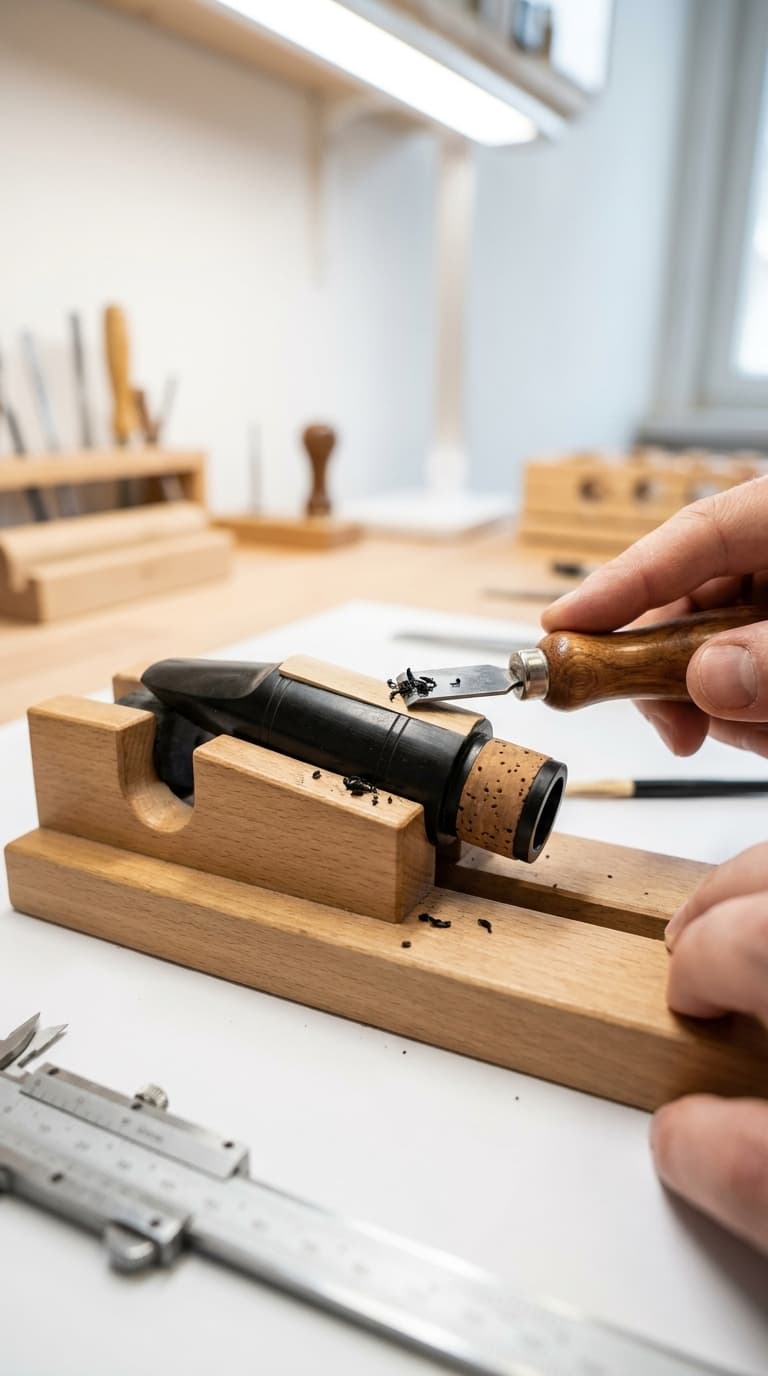 Eine Hand bearbeitet ein Klarinettenmundstück mit einem Schaber in einer Holzhalterung; im Vordergrund ein Messschieber.