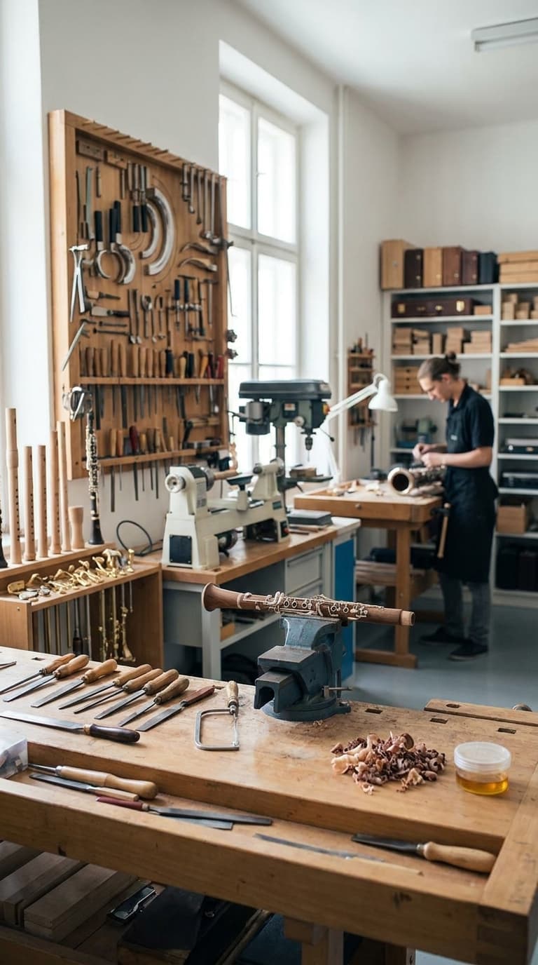 Holzblasinstrumentenmacher arbeitet hinten in der Werkstatt, im Vordergrund eine Klarinette im Schraubstock.