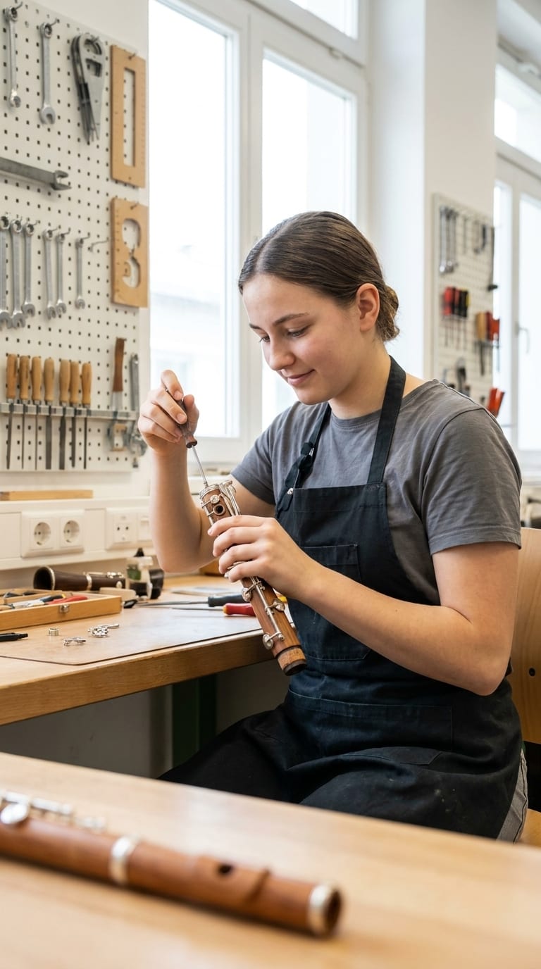 Eine Instrumentenbauerin arbeitet mit einem Schraubendreher an einem Holzblasinstrument in ihrer Werkstatt.