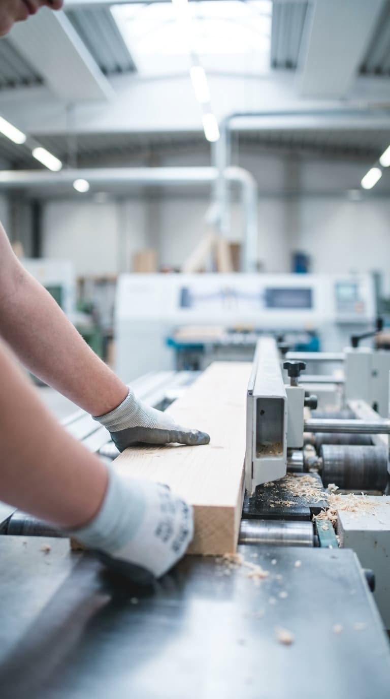 Ein Tischler schiebt mit Arbeitshandschuhen ein Holzbrett durch eine Hobelmaschine in einer Werkstatt.