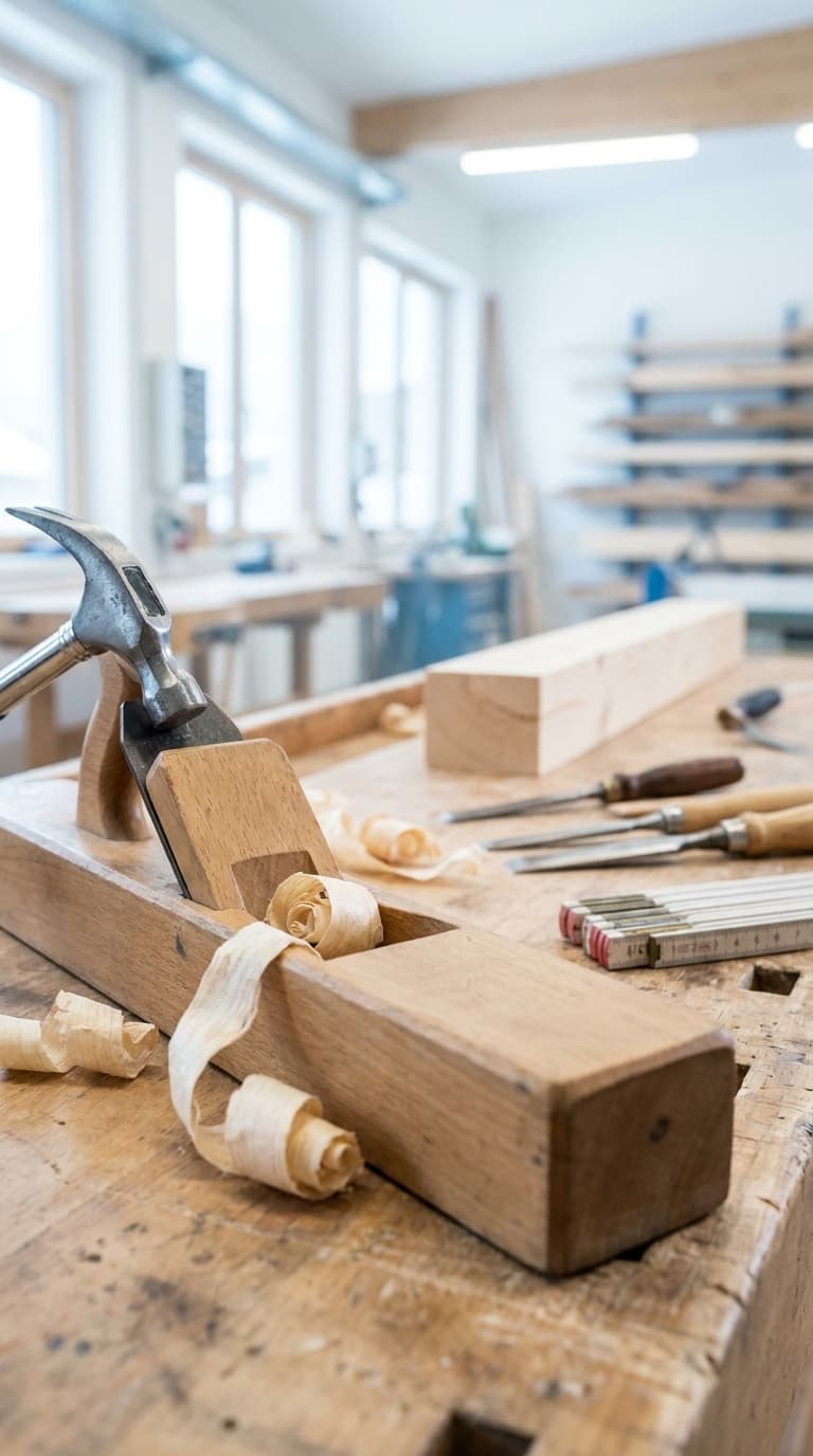 Holzhobel mit Spänen, ein Hammer, Stechbeitel und ein Zollstock liegen auf einer Werkbank in einer Schreinerei.