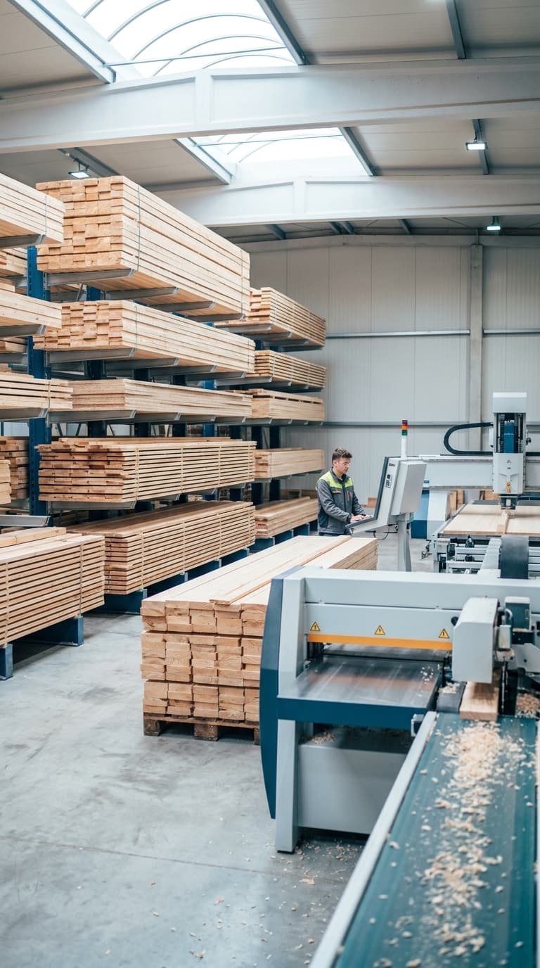 Ein Tischler bedient ein Steuerpult an einer Holzbearbeitungsmaschine in einer Halle mit hohen Holzstapeln.