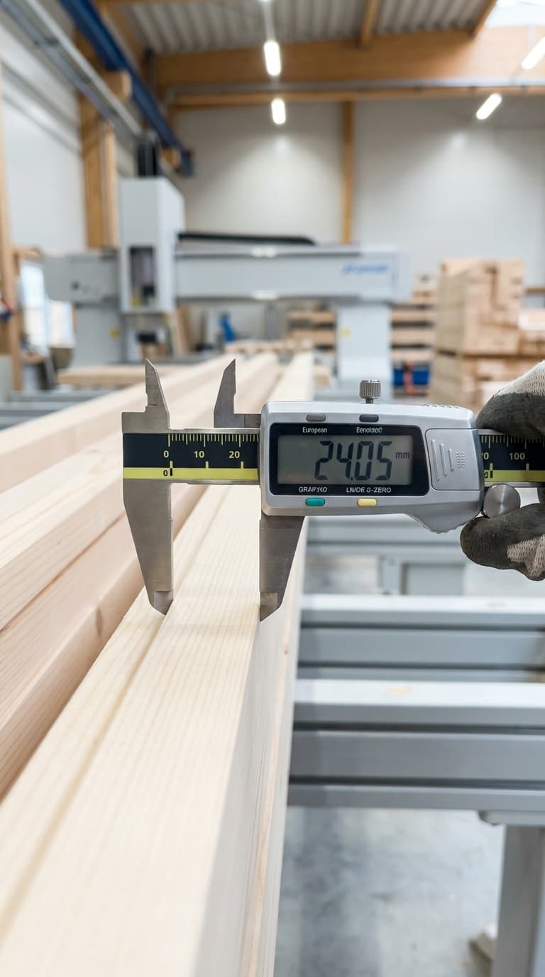 Eine Hand im Arbeitshandschuh misst die Stärke eines Holzbalkens mit einem digitalen Messschieber in einer Werkstatt.
