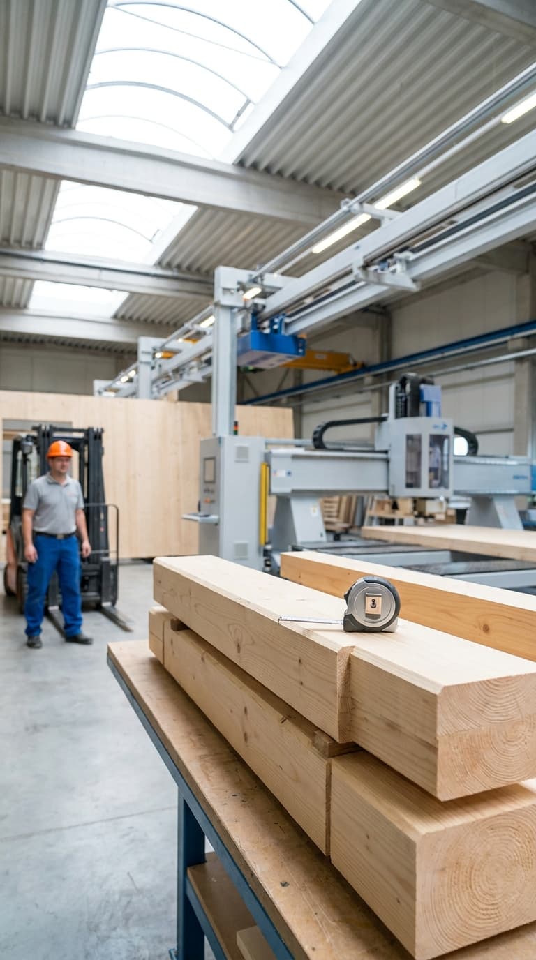 Maßband auf Holzbalken in einer Werkhalle mit einer Holzfräse, einem Gabelstapler und einem Handwerker.