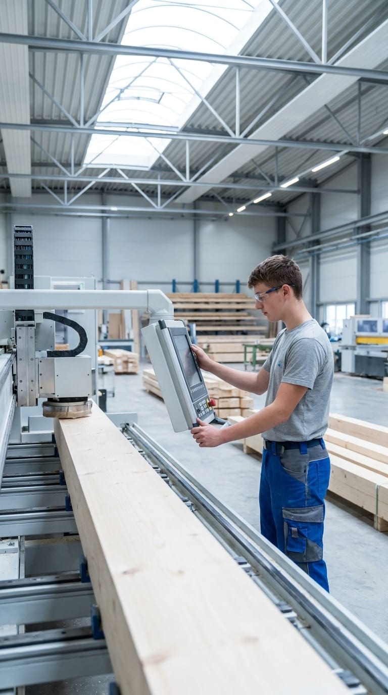 Ein Lehrling bedient das Bedienfeld einer CNC-Holzbearbeitungsmaschine in einer Werkshalle.