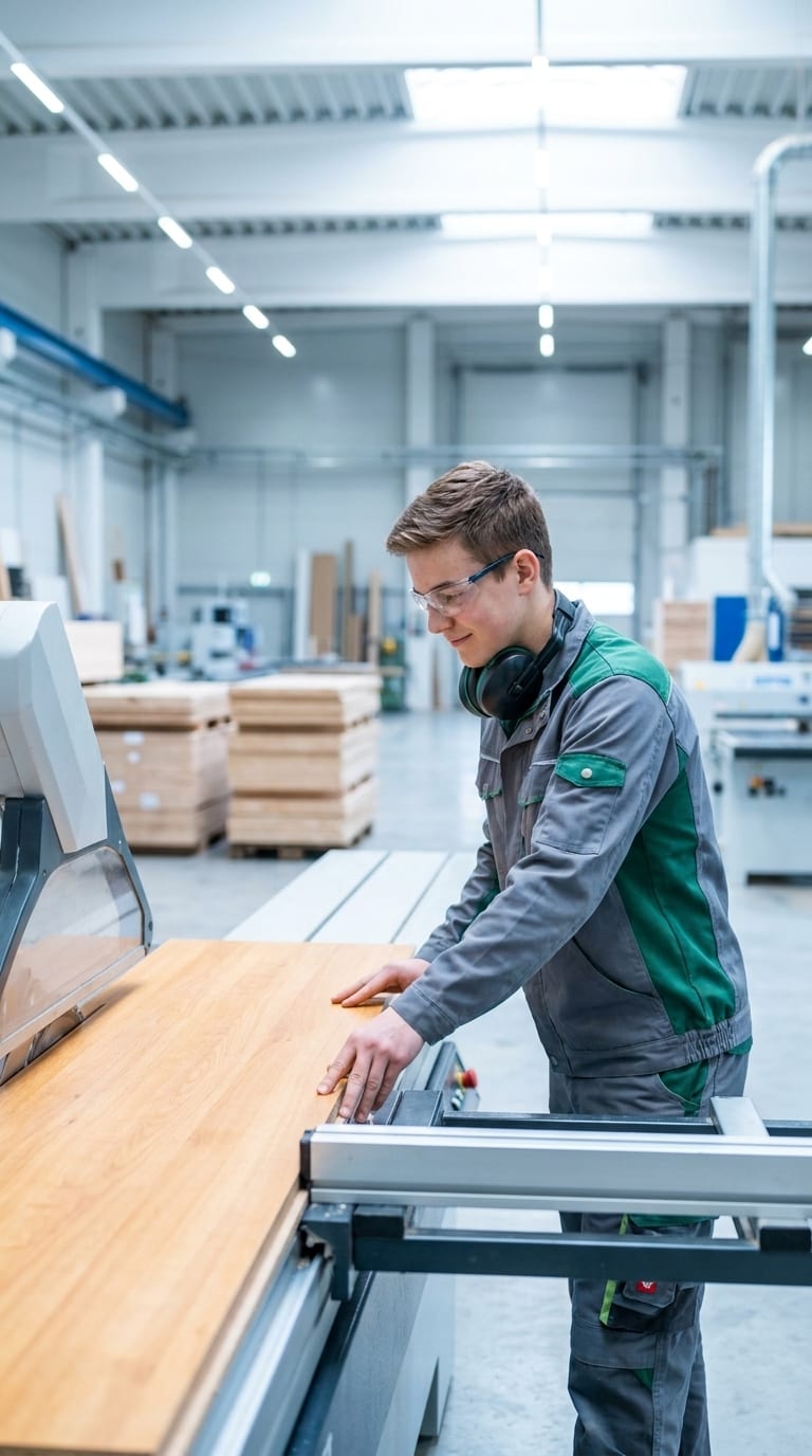 Ein Tischler mit Schutzbrille bedient eine Formatkreissäge in einer Werkstatt und schneidet eine Holzplatte zu.