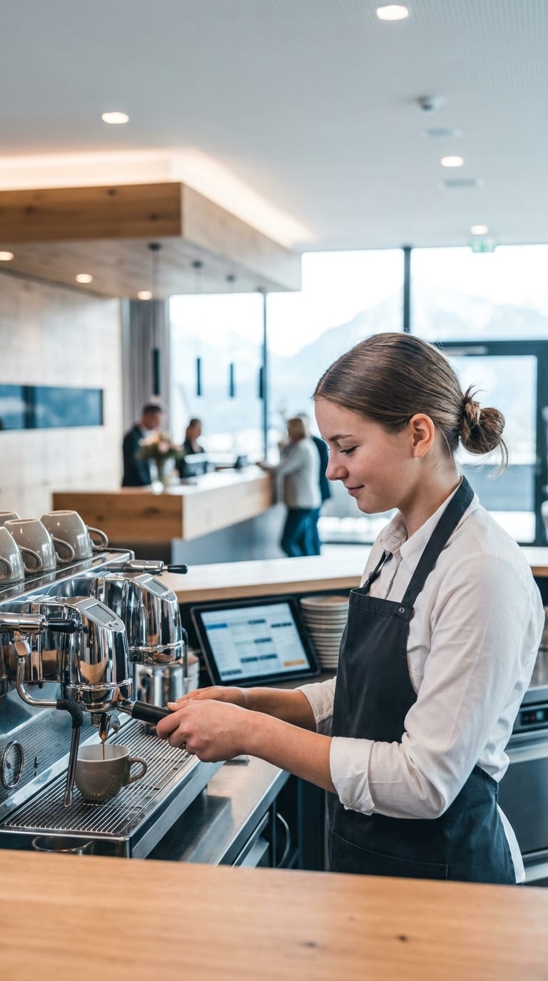 Eine Barista bereitet an einer Espressomaschine Kaffee in einem modernen Café zu.