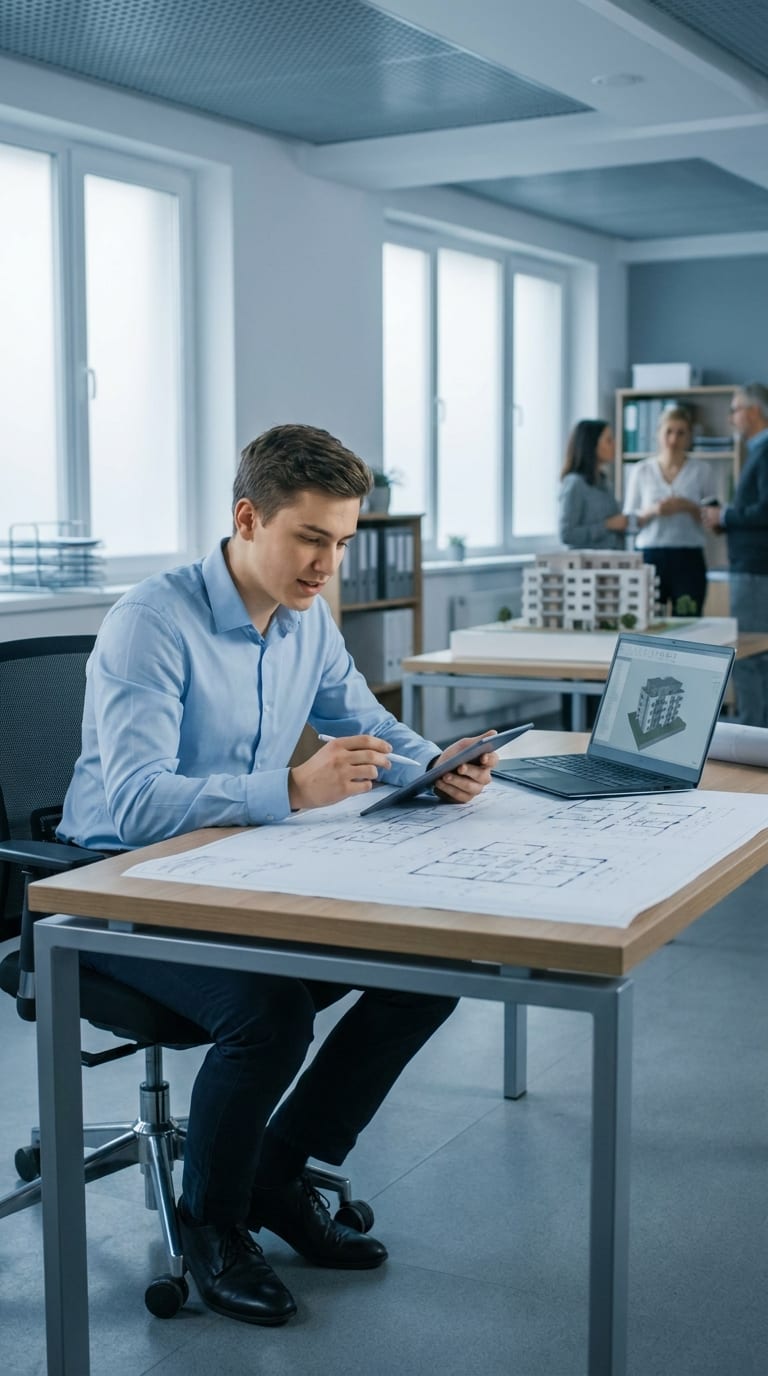 Ein Bauzeichner arbeitet am Schreibtisch mit Bauplänen, Tablet und Laptop in einem Architekturbüro.
