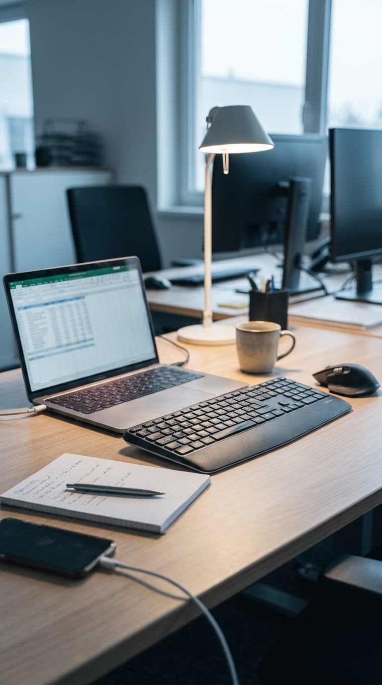 Ein Büroarbeitsplatz mit geöffnetem Laptop, Tastatur, Maus, Kaffeetasse und einer leuchtenden Tischlampe.