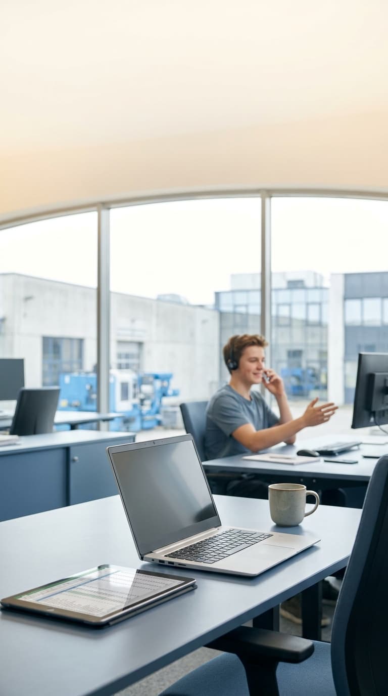 Ein Mann telefoniert mit Headset im Büro; im Vordergrund liegen ein Laptop und ein Tablet auf dem Schreibtisch.