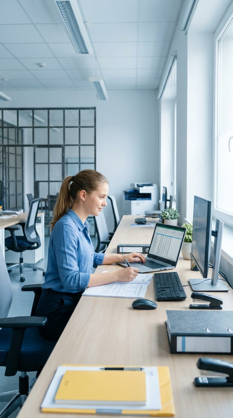 Eine Büroangestellte arbeitet mit Laptop und Dokumenten an ihrem Schreibtisch im hellen Büro.