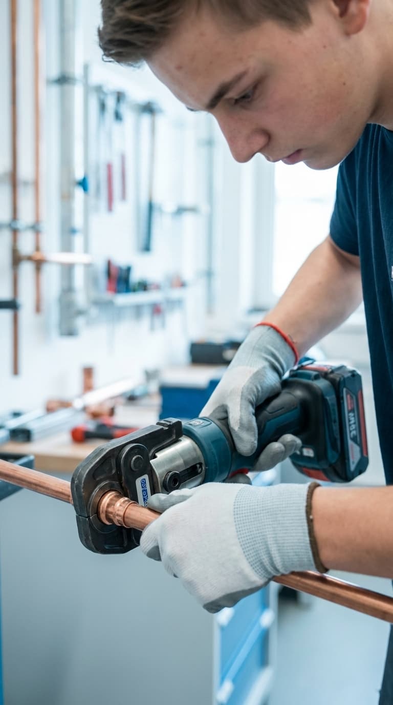 Ein Lehrling presst ein Kupferrohr mit einer elektrischen Pressmaschine in einer Werkstatt.