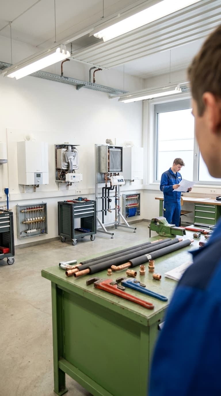 Zwei Lehrlinge in einer Heizungsbauwerkstatt, einer liest einen Plan; auf der Werkbank liegen Rohre und Rohrzangen.