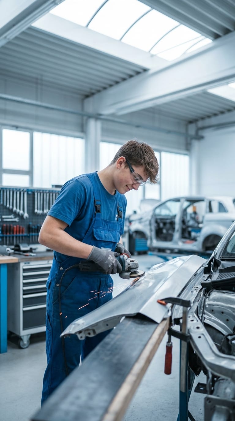 Ein Lehrling schleift mit einem Winkelschleifer einen silbernen Kotflügel in einer Autowerkstatt, Funken fliegen.