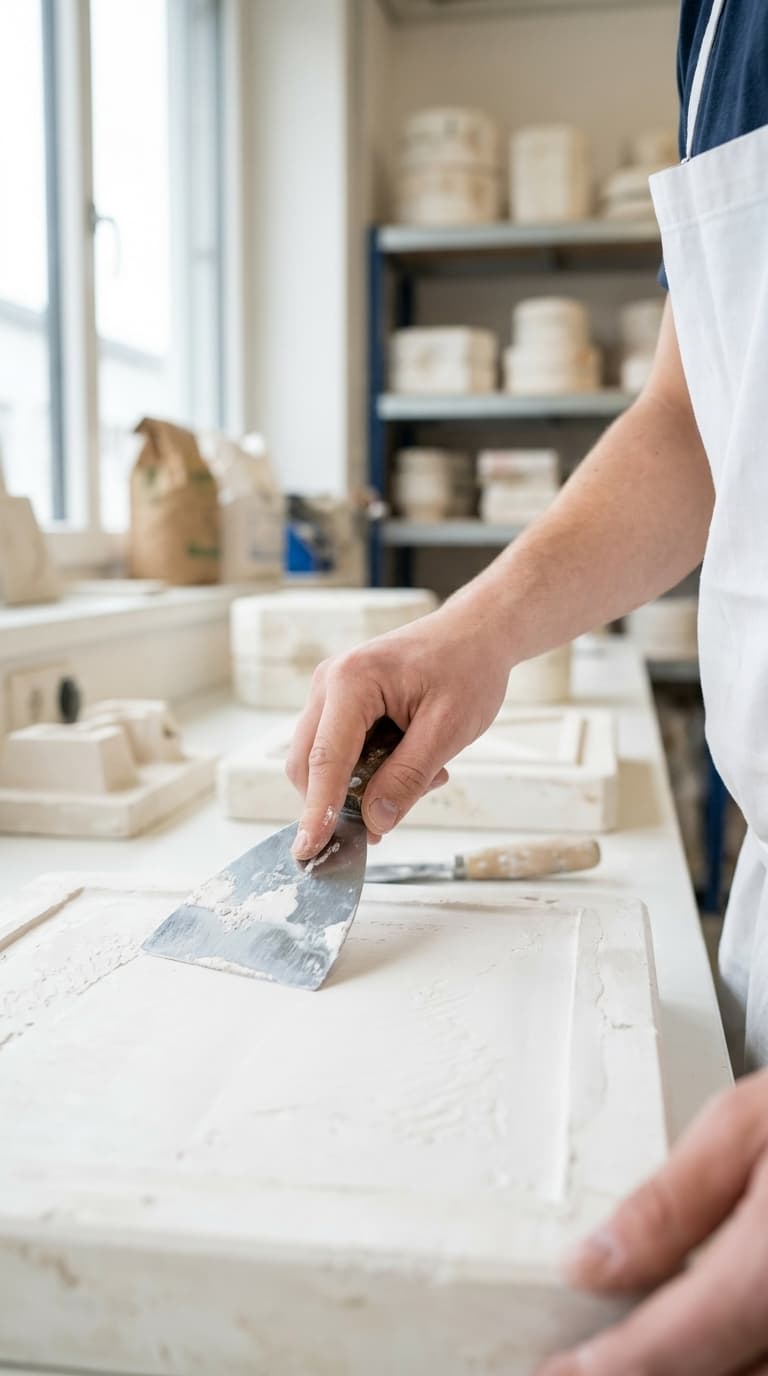 Ein Handwerker glättet feuchten Gips auf einer Gussform mit einem Spachtel.