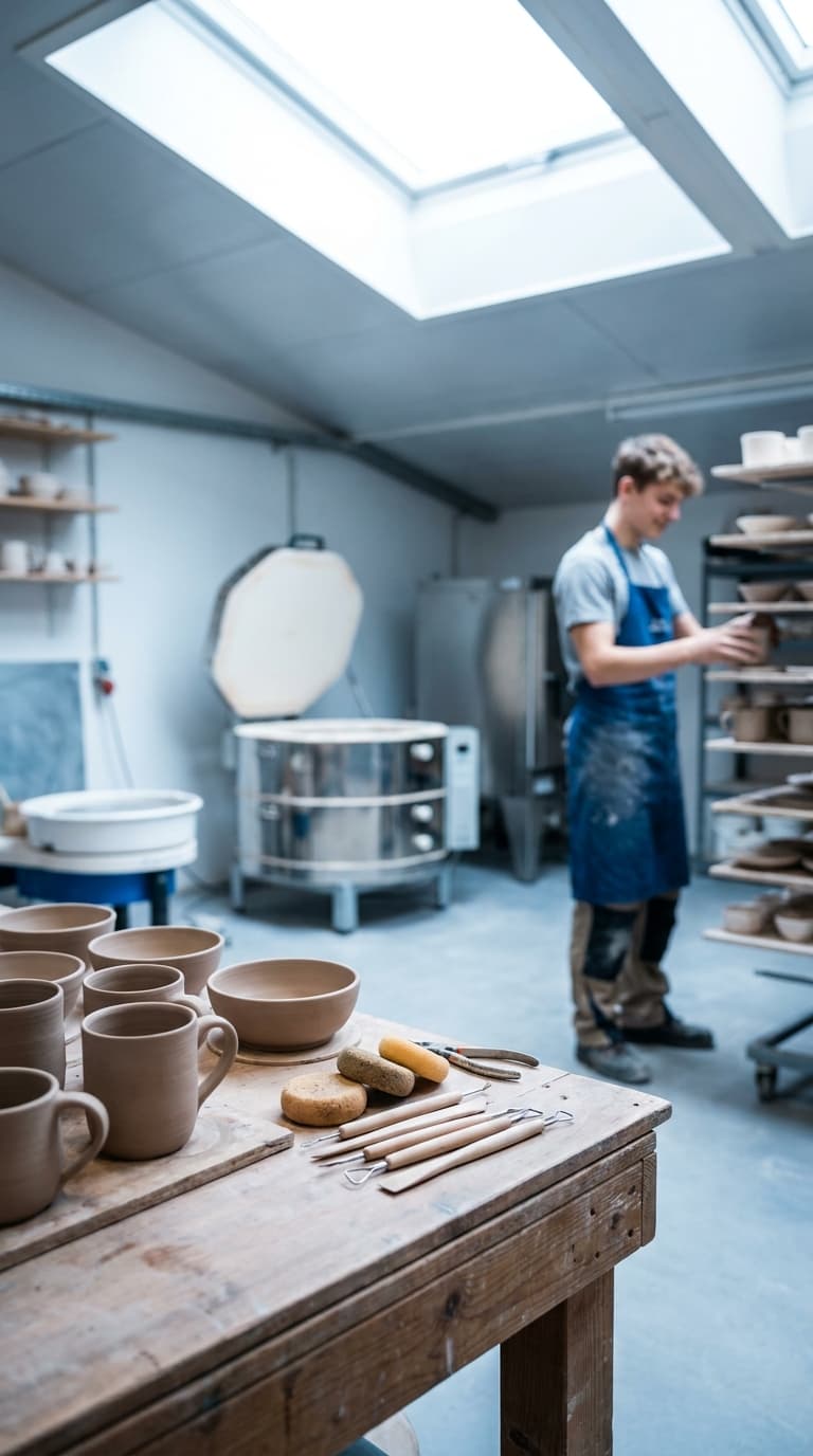 Ein Töpfer sortiert Keramik im Hintergrund einer Werkstatt, im Vordergrund stehen Tonbecher auf einem Holztisch.